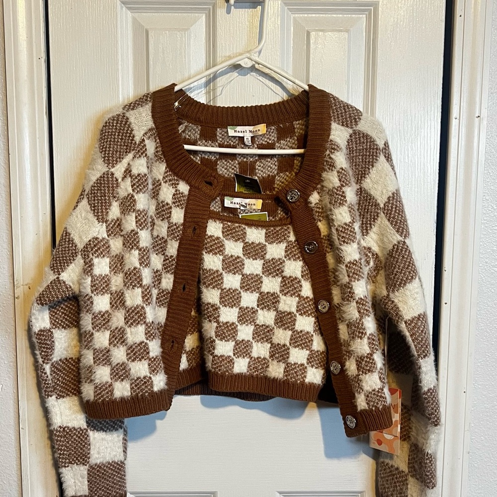 Stylish Brown and Cream Checkered Cardigan and Tank
